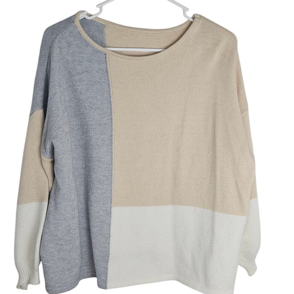 White Grey Tan Colorblock Knit Sweater Boxy Oversize Women Size S Bubble Sleeve